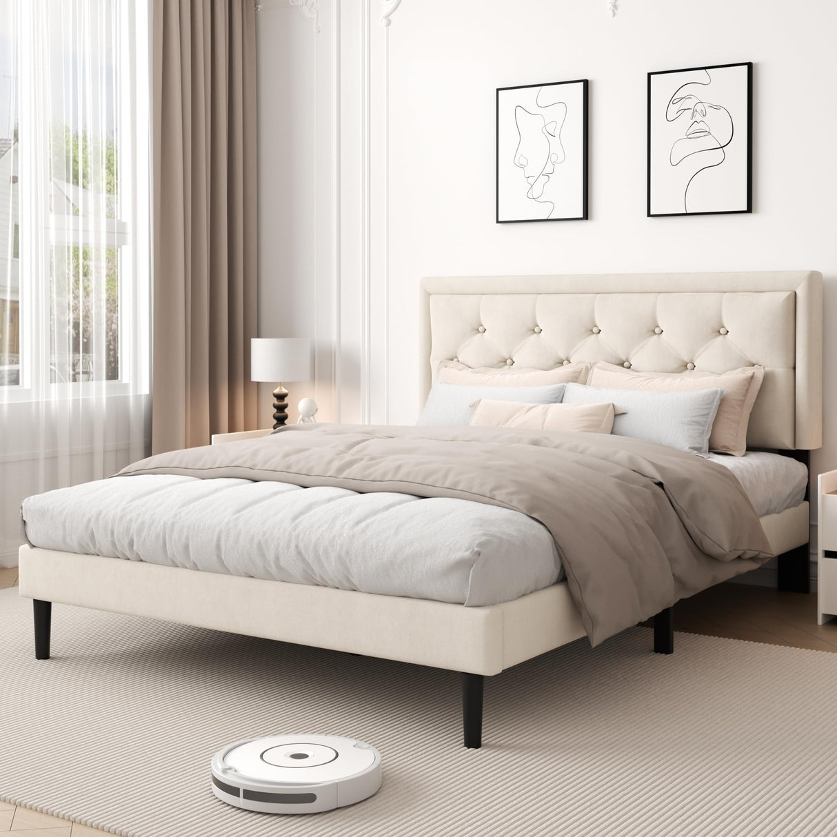 CXVX Full Size Platform Bed Frame with Upholstered Velvet Button Tufted Headboard, Mattress Foundation with Wooden Slat Support, No Box Spring Needed, Easy Assembly, Noise Free, Beige CXVX