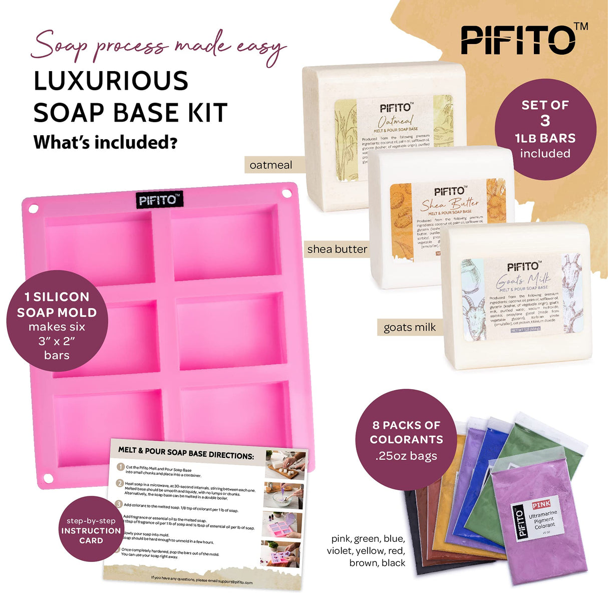 Pifito Soap Making Kit │ DIY Soap Making Supplies - 3 lbs Melt and Pour Soap Base (Shea Butter, Goats Milk, Oatmeal), 8-Pack Oxide Pigment Colorants Sampler, Mold and Instructions Pifito