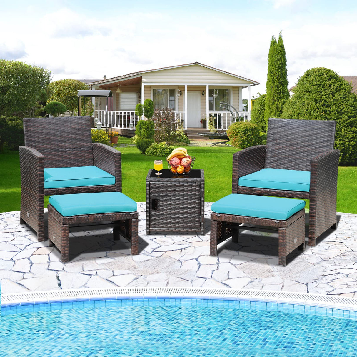 Tangkula 5 Pieces Wicker Patio Furniture Set with Waterproof Cover,Patiojoy Outdoor Cushioned Chairs and Ottoman Set with Single-Door Storage Coffee Table,Space-Saving Tangkula