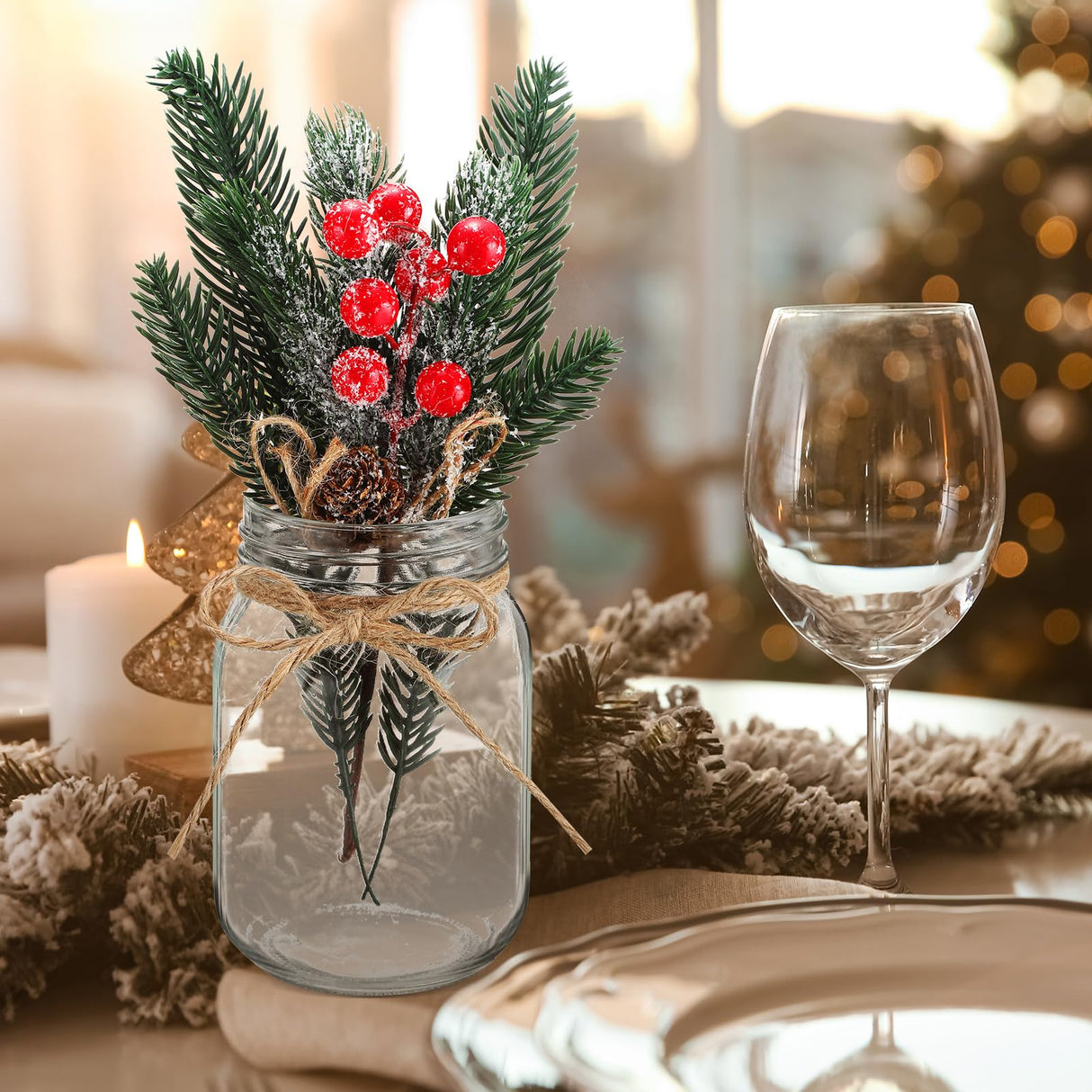 Mimorou 6 Sets Christmas Mason Jars Christmas Centerpieces for Tables Pine Cones & Red Berry, Farmhouse Decor Kitchen Table Decor Coffee Table Kitchen and Room Mimorou