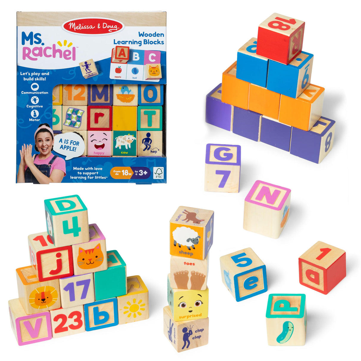 Ms. Rachel Melissa & Doug Letter, Number, and Game Wooden Learning Blocks with Activity Cards for Girls and Boys Toddlers Ages 18 Months+ - FSC-Certified Melissa & Doug
