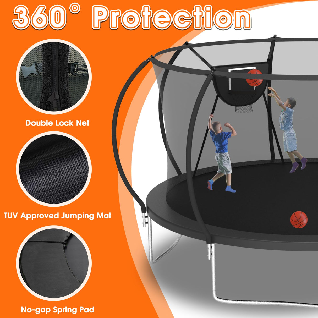 KOFUN 1500LBS 8 10 12 14 16 FT Tranpoline Outdoor for Kids Adults, Tranpoline with Net Ladder Basketball Hoop Light, Recreational Tranpolines, ASTM Approval, Easy to Assemble, Curved Poles Larger Room KOFUN