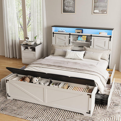 Fameill Farmhouse Queen Size Bed Frame with Headboard and Storage Ottoman, Sliding Barn Door & 4 Drawers, LED Lights and Charging Station, No Box Spring Needed, Antique White