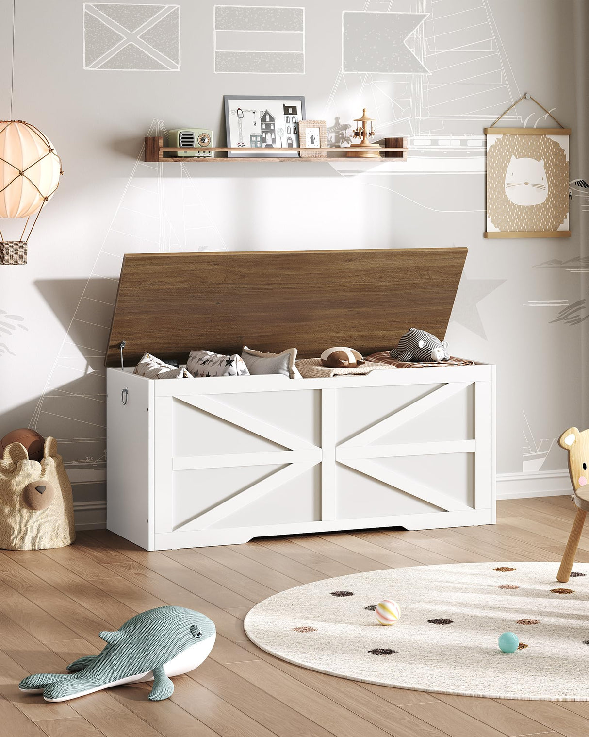 CHOEZON Storage Chest, 43.3" Wooden Storage Trunk, Modern Storage Bench with Safety Hinge, Toy Chest Storage, Farmhouse Style, for Bedroom, Living Room, Walnut and White MCW11WL CHOEZON