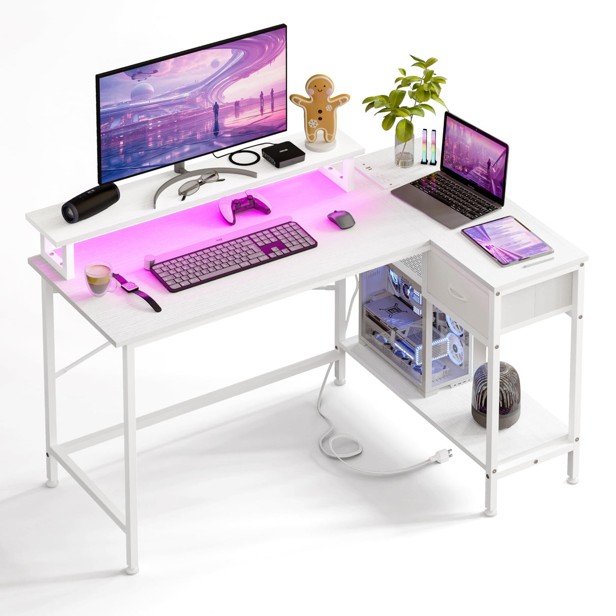 Fixwal L Shaped Gaming Desk with Power Outlets and LED Lights, 43 Inch Computer Desk with Charging Port, Small Corner Desk Table with Drawer and Shelf, Home Office Desk with Monitor Stand Fixwal