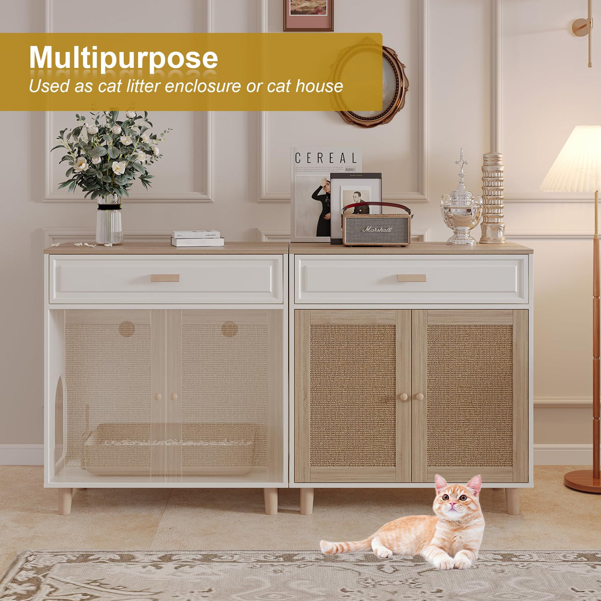 Cat Litter Box Enclosure Furniture Hidden Indoor 2-in-1 Wooden Cat House & Washroom Cabinet with Scratching Board Doors and Drawer, 31.5"x15.7"x34.6"H Faceket