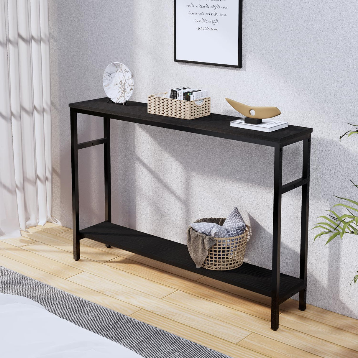 Timberer Narrow Console Table, 47 Inch Sofa Table with Adjustable Shelf, 2-Tier Long Skinny Table for Hallway, Entryway, Living Room, Foyer, Black Timberer