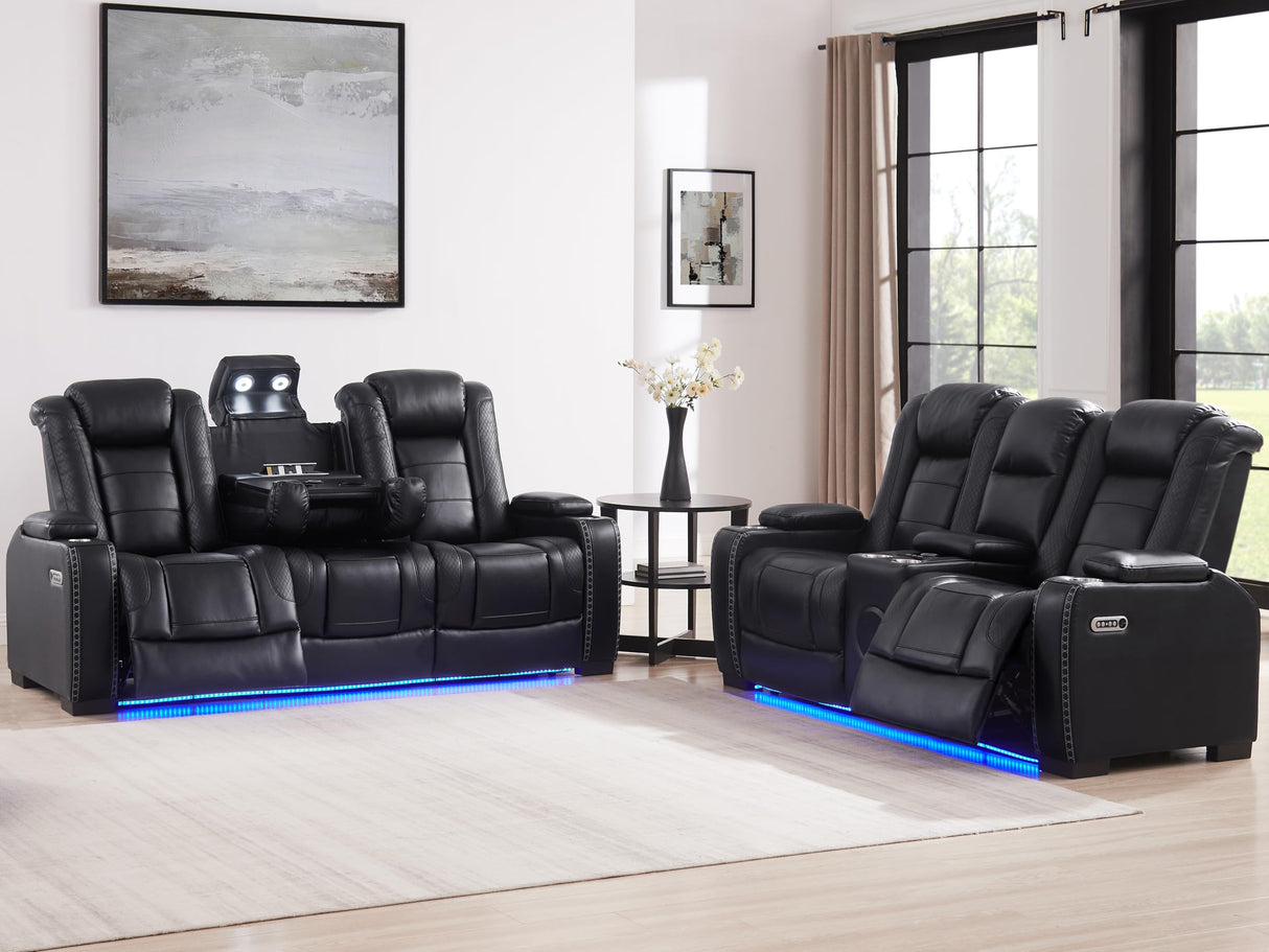 THSUPER Black Leather Power Recliner Sofa Loveseat Sets with Arm Storage and Power Headrest, Leather Living Room Reclining Sofa and Loveseat Set with Cup Holders and Bluetooth Speaker. THSUPER
