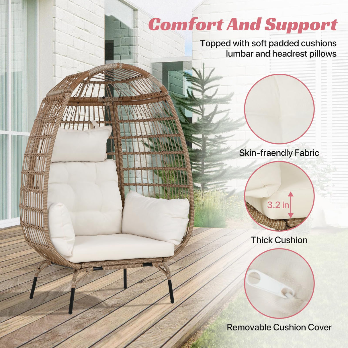 Dkelincs Wicker Egg Chair Indoor Outdoor Lounge Chair Patio Reading Chair Oversized Rattan Egg Chair for Patio, Backyard, Garden, Living Room w/ 4 Cushions Steel Frame, 352lb Capacity(White) Dkelincs