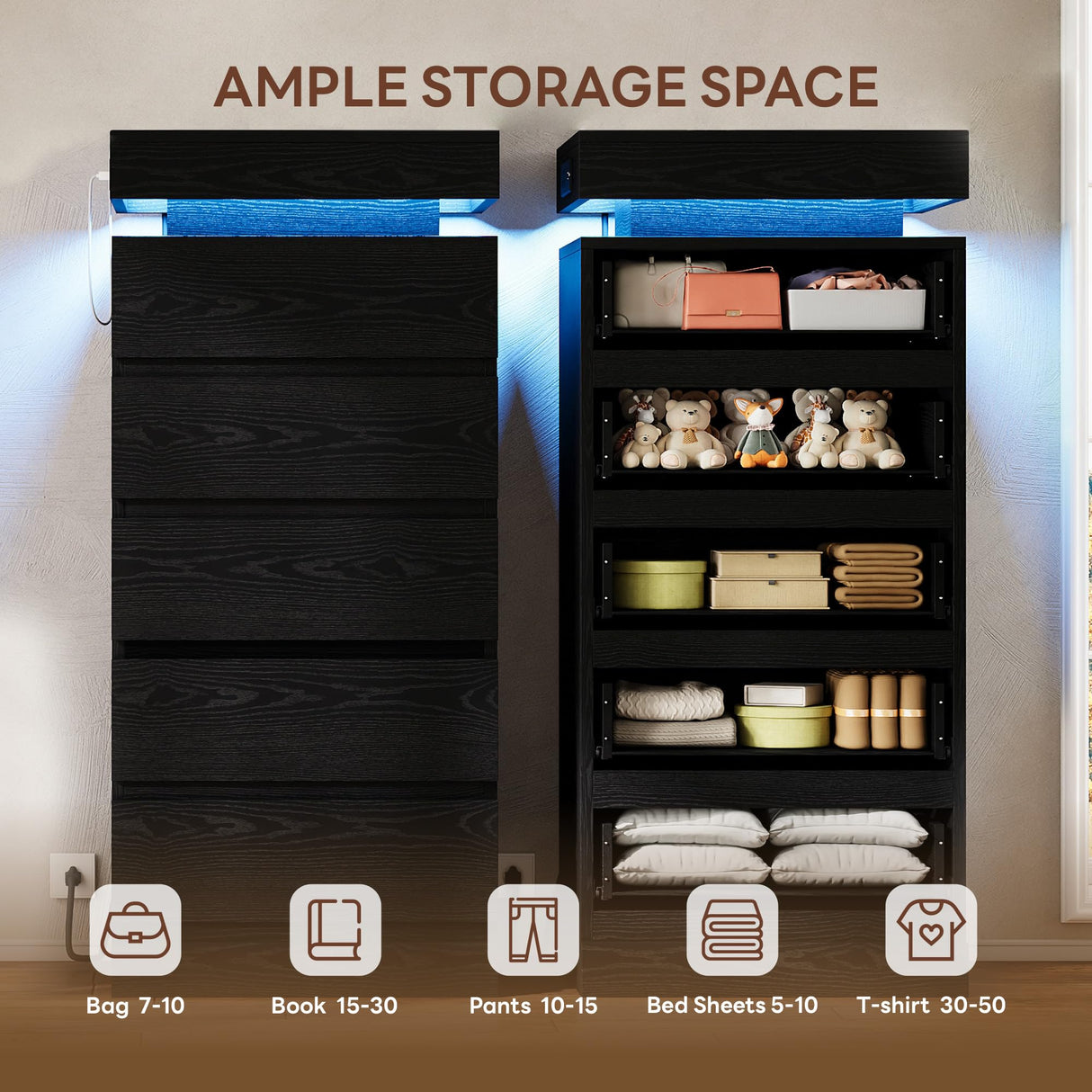 LIKIMIO 54" Tall 5 Drawer Dresser for Bedroom, Black Dresser with LED Light and Power Outlet, Wood Modern Chest of Drawers for Living Room, Entryway, Hallway LIKIMIO