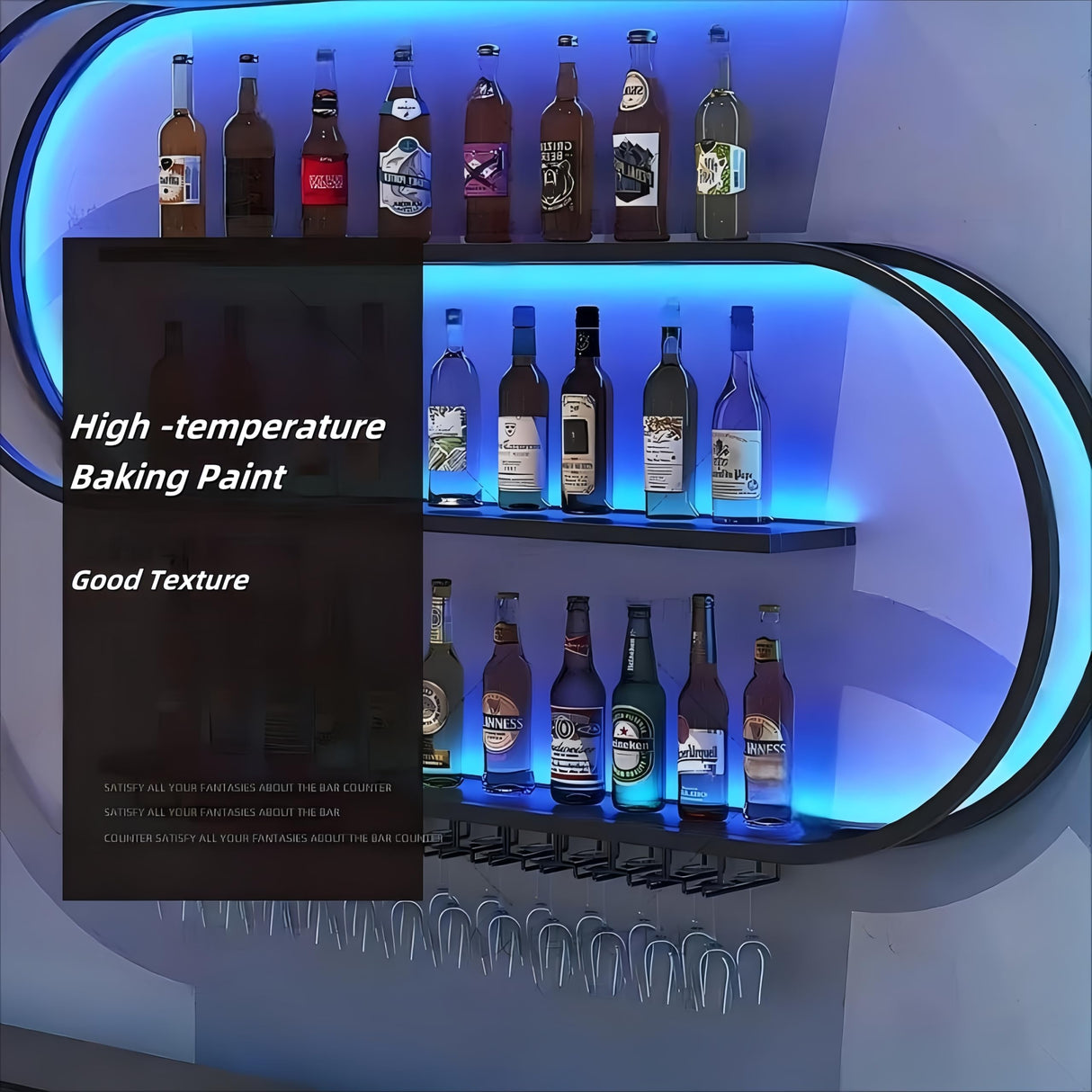 HFTUW 39 Inch Wall-Mounted Wine Rack with Led Light, 4-Tier Half Round Bar Shelves, Industrial Metal Display Storage Shelf & Wine Glass Hooks for Home Bar, Dining Room(Black-Blue Led, 39in/100cm) HFTUW