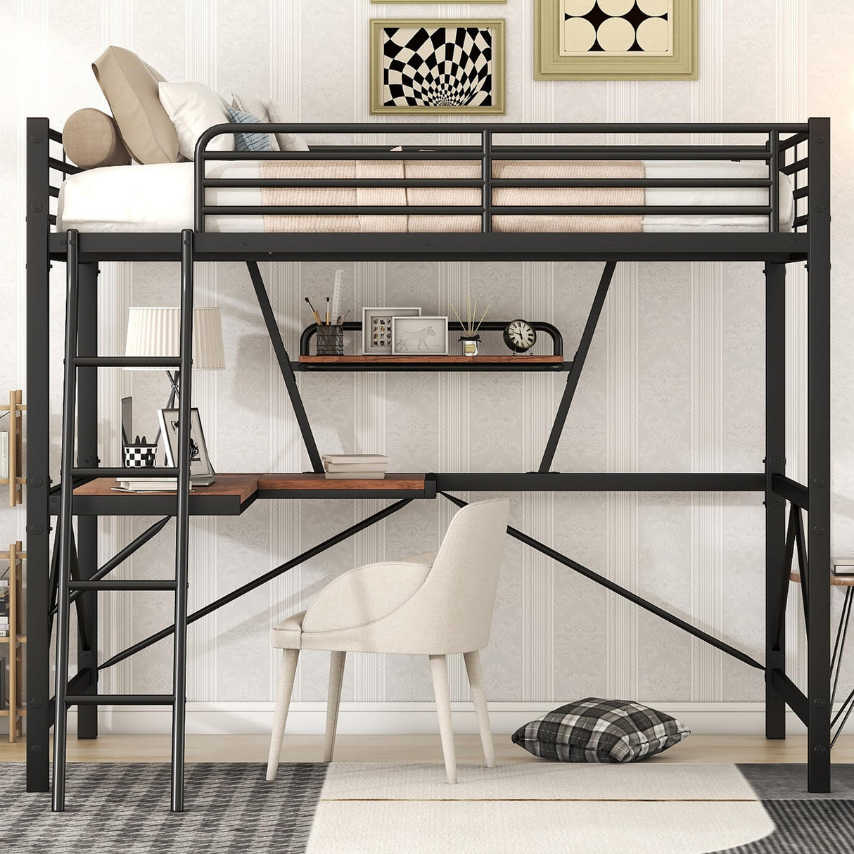 Full Size Loft Bed with Desk and Storage Shelf, Heavy Duty Loft Bed Full Size, Full Loft Bed with Guardrail, Full Loft Bed for Kids, Teens, Full Size Loft Bed Black Bellemave