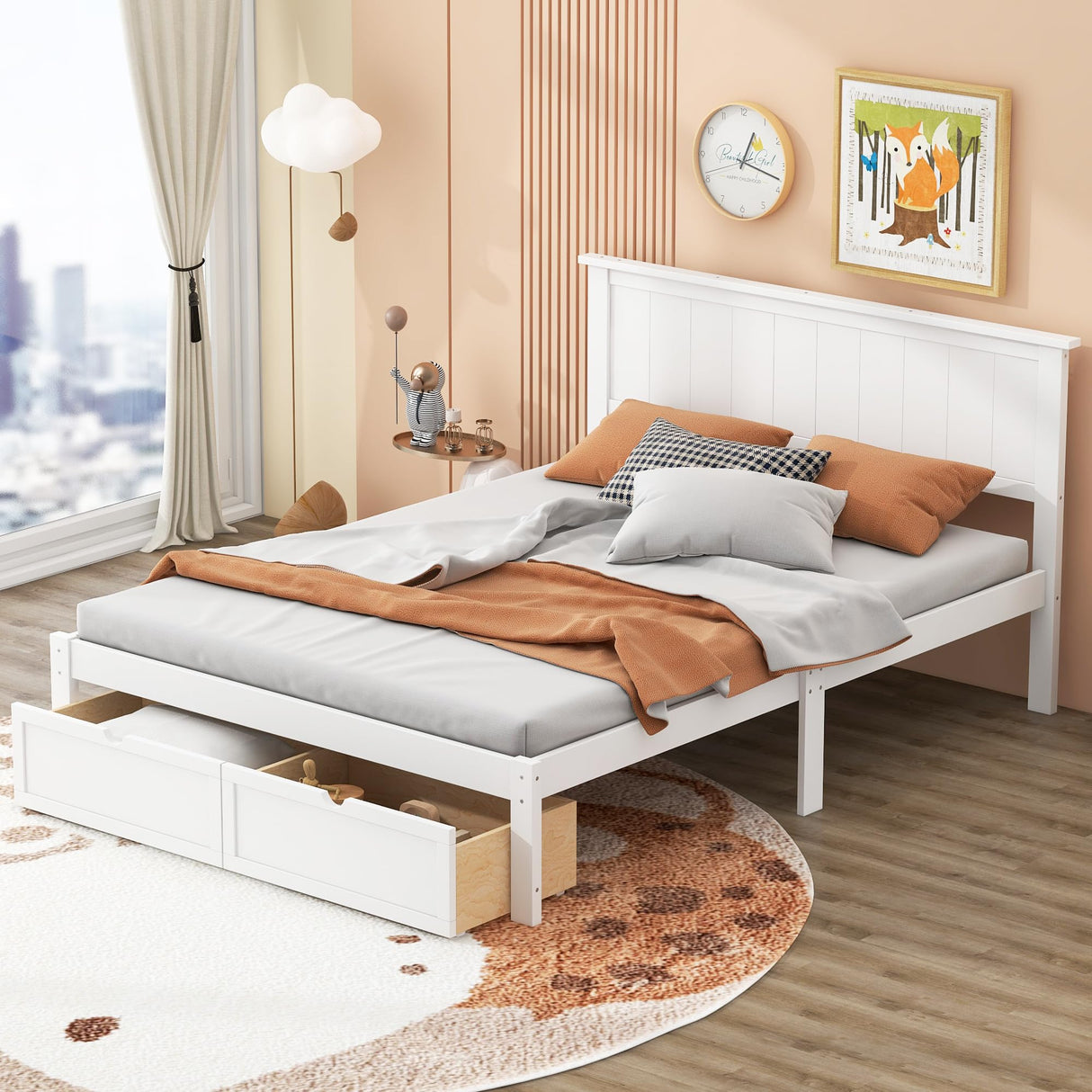 SOFTSEA Full Size Platform Bed with Under-Bed Storage Drawers and Solid Wood Construction SOFTSEA