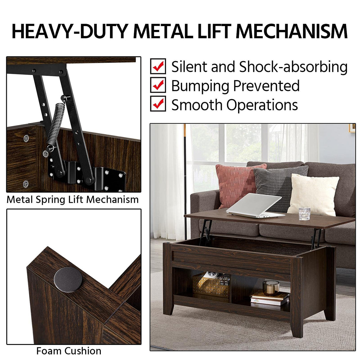 Yaheetech Lift Top Coffee Table with Hidden Storage Compartment & Seperated Lower Shelf, Lift Up Coffee Table, Rising Tabletop Dining Table for Living Room, 41in L, Espresso Yaheetech