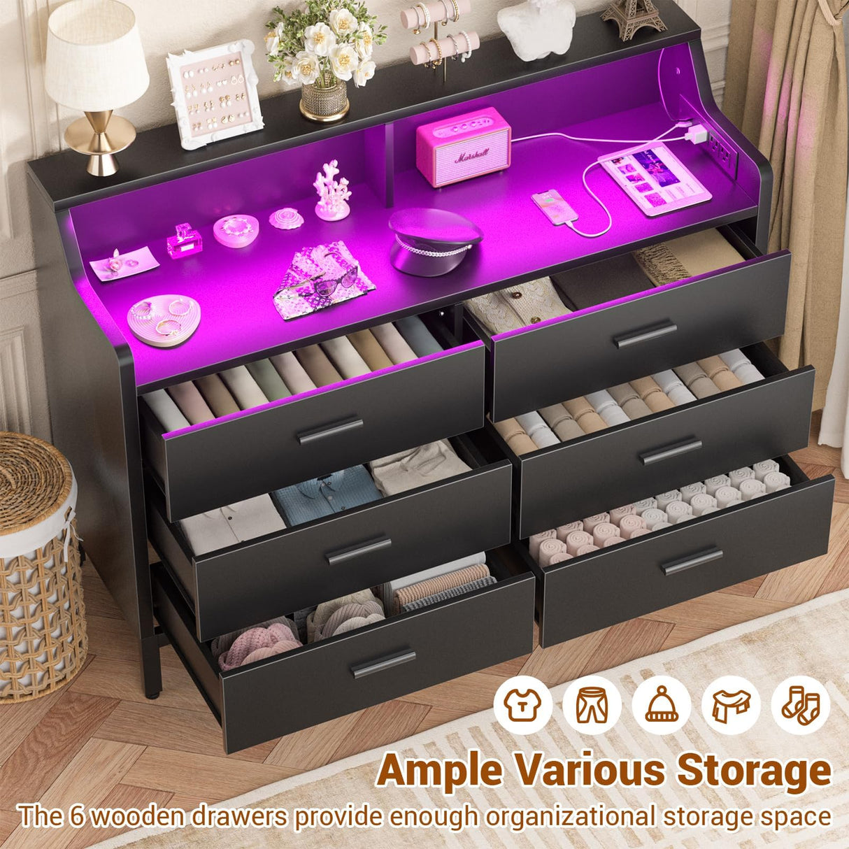 Hyomdeck 6 Drawer Dresser for Bedroom, Wooden Chest of Drawers with Power Outlets and Smart LED Light, Sturdy Modern Bedroom Furniture, Wide Storage Dresser for Living Room, Closet, Entryway, Black Hyomdeck