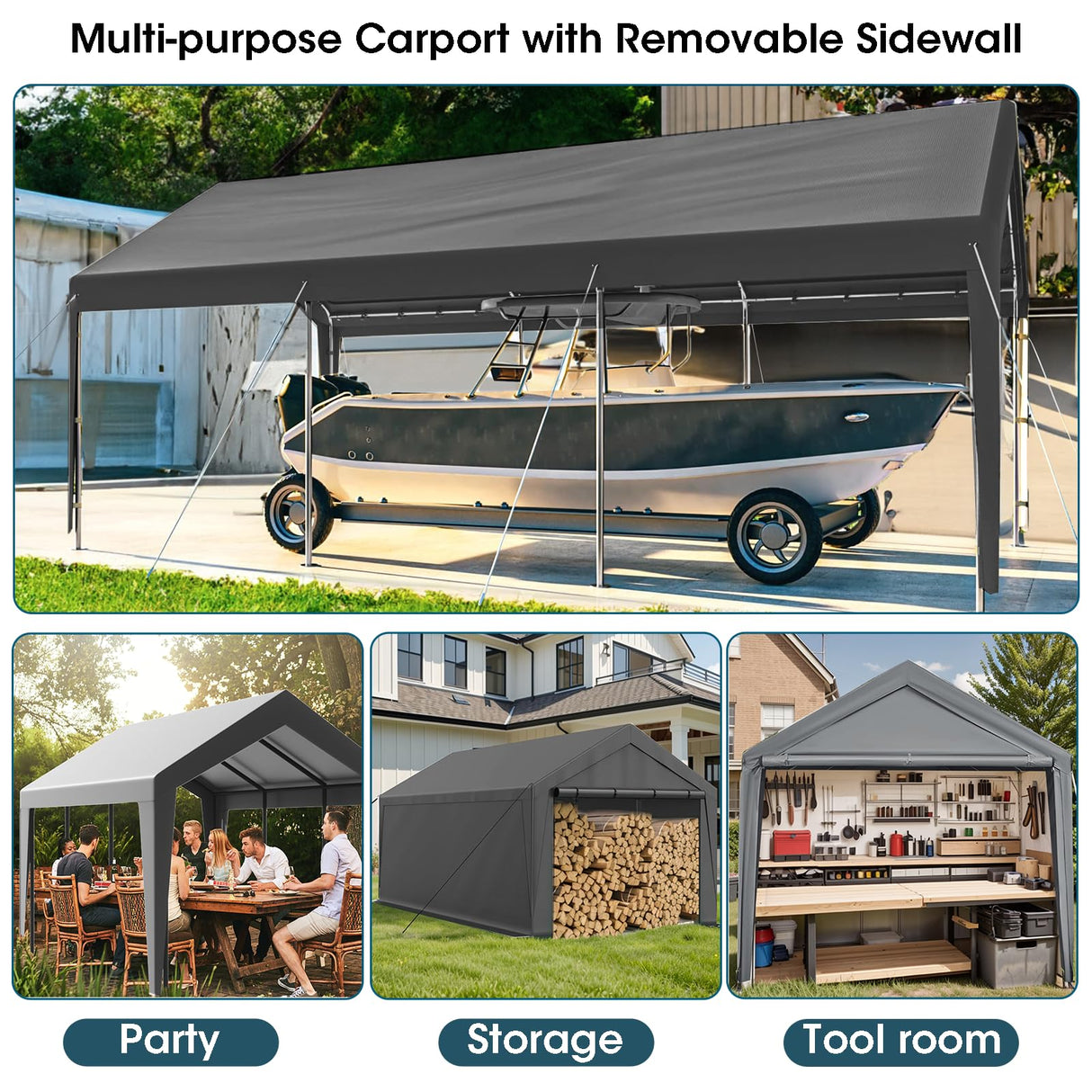 10×20 Carport Portable Carport Garage Heavy Duty with Sidewalls, Reinforeced Metal Frame, Waterproof Carport Canopy for Party Boat Cars and Storage (Grey) gaildon