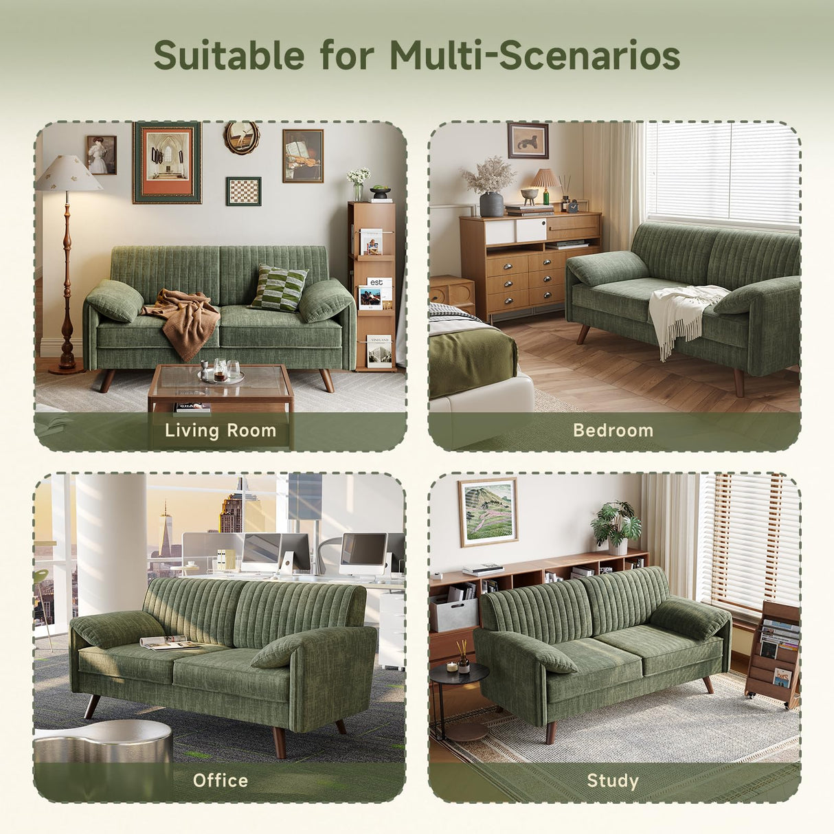 ONBRILL 64.5" Loveseat Sofa, Chenille Loveseat Couch for Living Room, 23.2" Deep Seat Love Seat with Padded Arms, Comfy Modern Small Couches for Bedroom, Small Spaces, Dorms, Office, Green ONBRILL