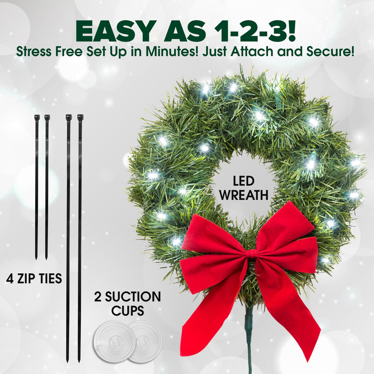 Christmas Car Decoration - Car Christmas Wreath - 2024 Light-Up Christmas Wreath for Car Grill - Fits Jeeps Trucks SUVs RVs Golf Carts and More - 12-Volt Plug-in Wreath Lighting TACTIK