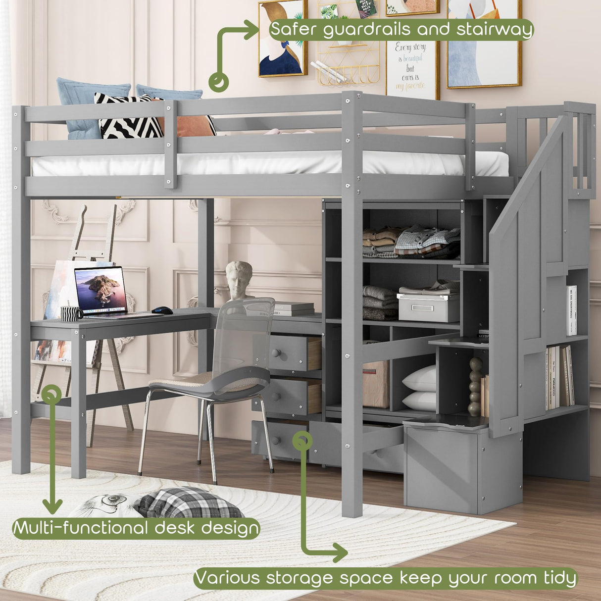 MERITLINE Full Size Loft Bed with L-Shaped Desk,Drawers,Staircase and Bookcase,Solid Wood High Loft Bed with Stairs and Guardrails,for Adults, No Box Spring Needed (Grey,Full) MERITLINE