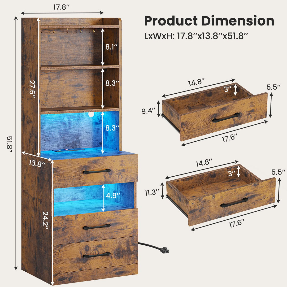 VIAGDO Tall Nightstand Set of 2 with Charging Station and LED Lights, Rustic Brown Night Stand Set 2 with Bookshelf, Modern LED Bedside Tables with 3 Drawers and Storage Shelves, Side Tables Bedroom VIAGDO