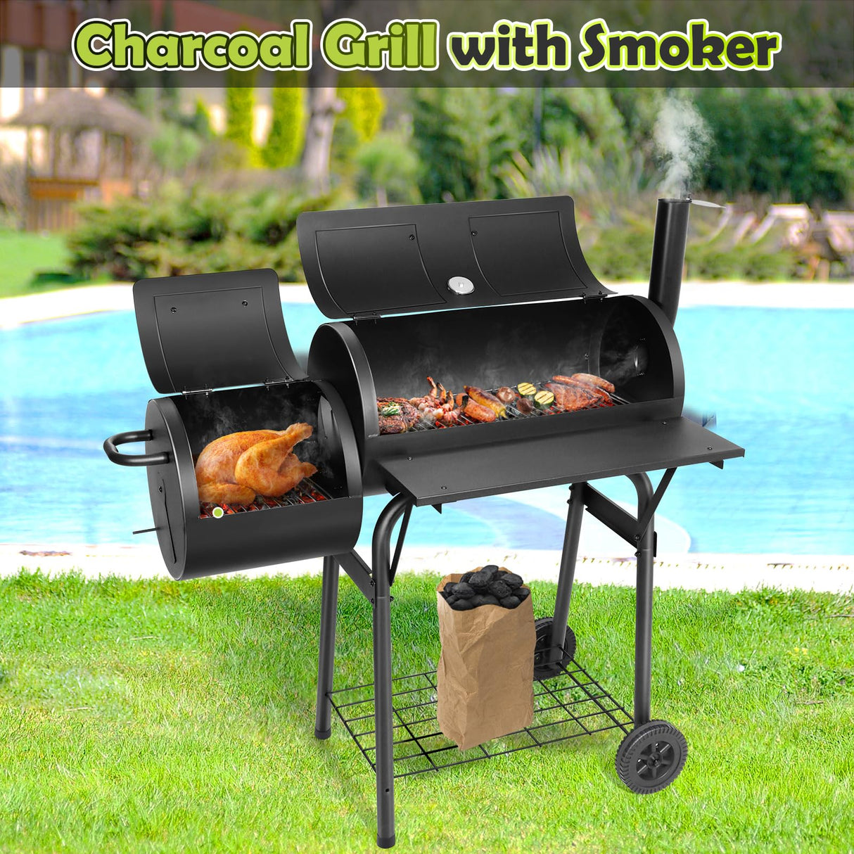 HaSteeL Charcoal Grill with Offset Smoker, Outdoor Barrel BBQ Grill, Camping Barbecue Grill for Patio Backyard Garden Party Picnic, Large 420.SQ.IN Cooking Area, 2 Screwdrivers & 6 Hooks - Black HaSteeL