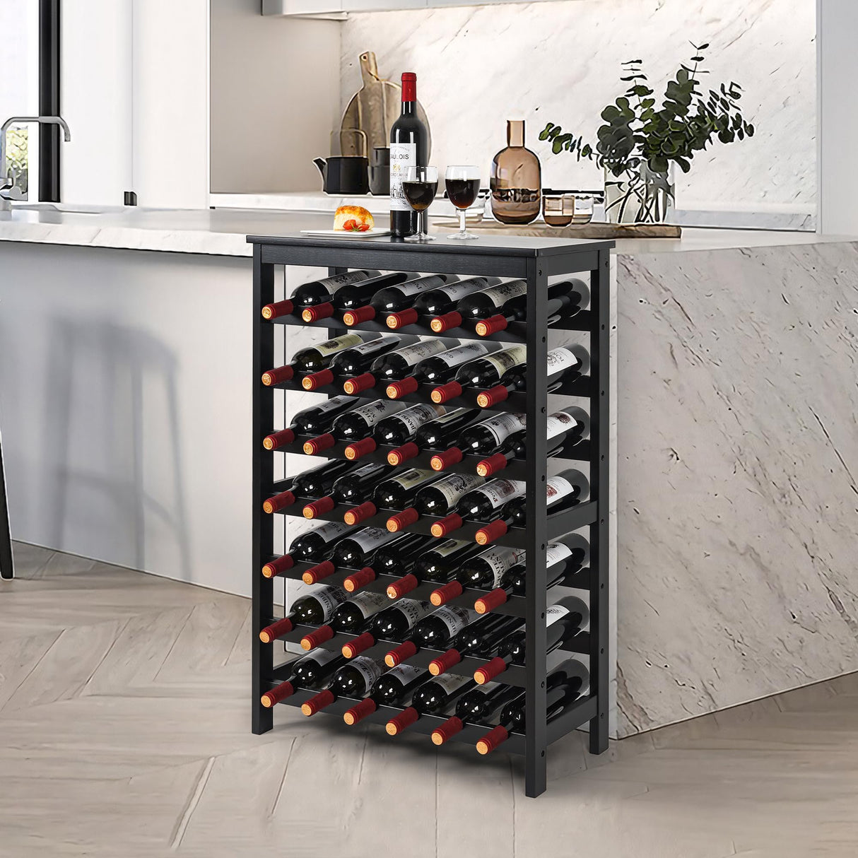 VASMIA 42 Bottles Bamboo Wine Rack,7-Tier Wine Rack Freestanding Floor with Table Top, Wine Storage Shelf for Kitchen Dining Room Bar,Black VASMIA