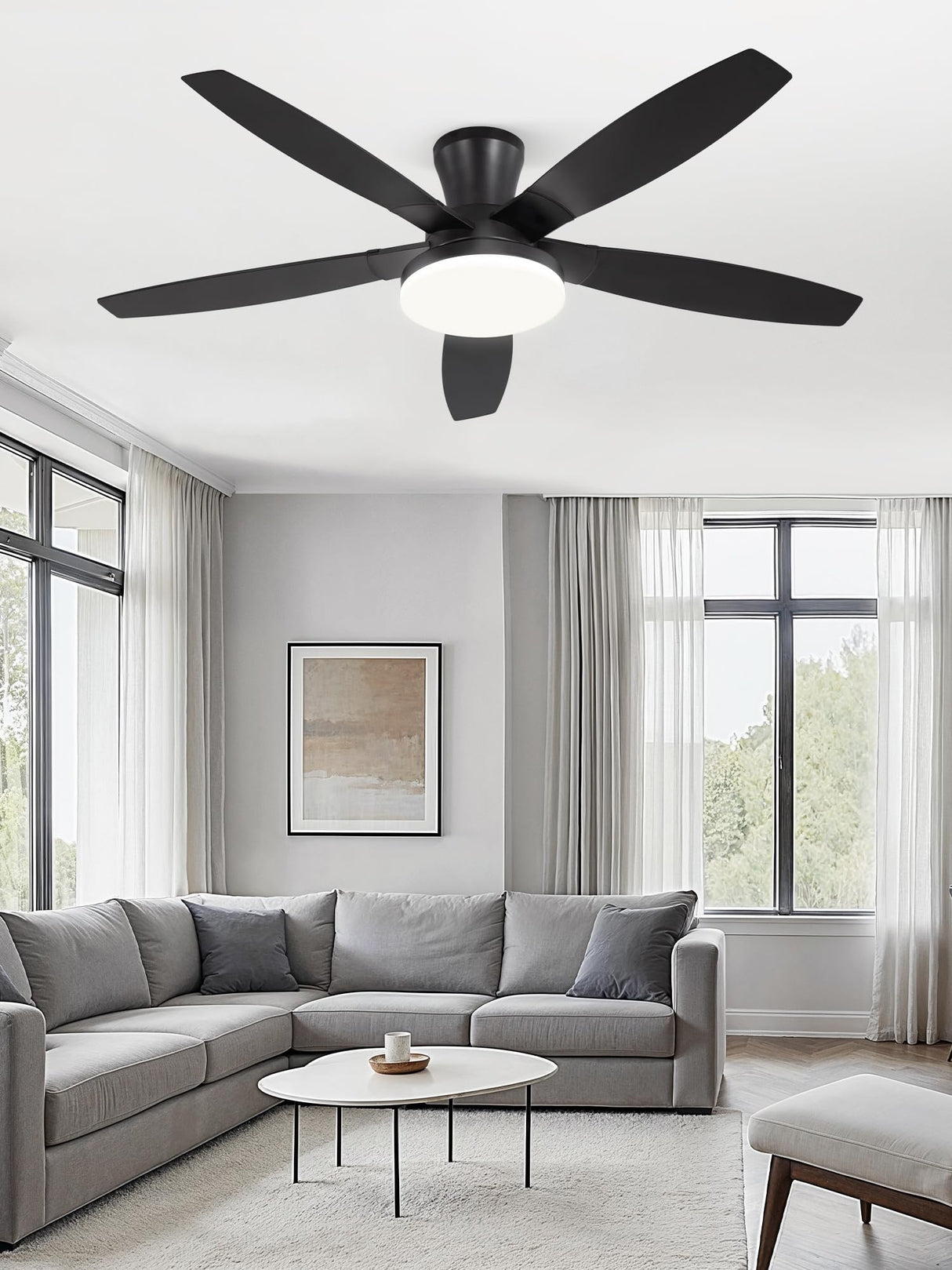 ZMISHIBO 52 inch Ceiling Fans with Lights and Remote/APP Control,Black Low Profile Ceiling Fan with Light,Quiet DC Motor,LED Dimmable, Modern Flush Mount Ceiling Fan for Bedroom Indoor/Outdoor Patio ZMISHIBO