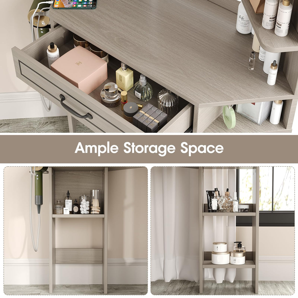 Makeup Vanity Desk, Corner Vanity with Large LED Mirror,Lots Open Shelves,Gray Vanity with Charging Station,Farmhouse Makeup Vanity Table with 3 Lighting Modes, Brightness Adjustable Maupvit