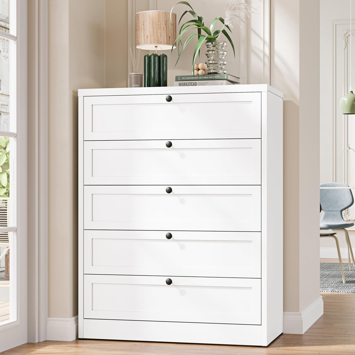Letaya 5 Drawer Dresser for Bedroom, Metal Chest of Drawers Tall White Closet Organizers and Storage Clothes, Accent Storage Cabinet for Living Room, Entryway, Hallway, White Letaya