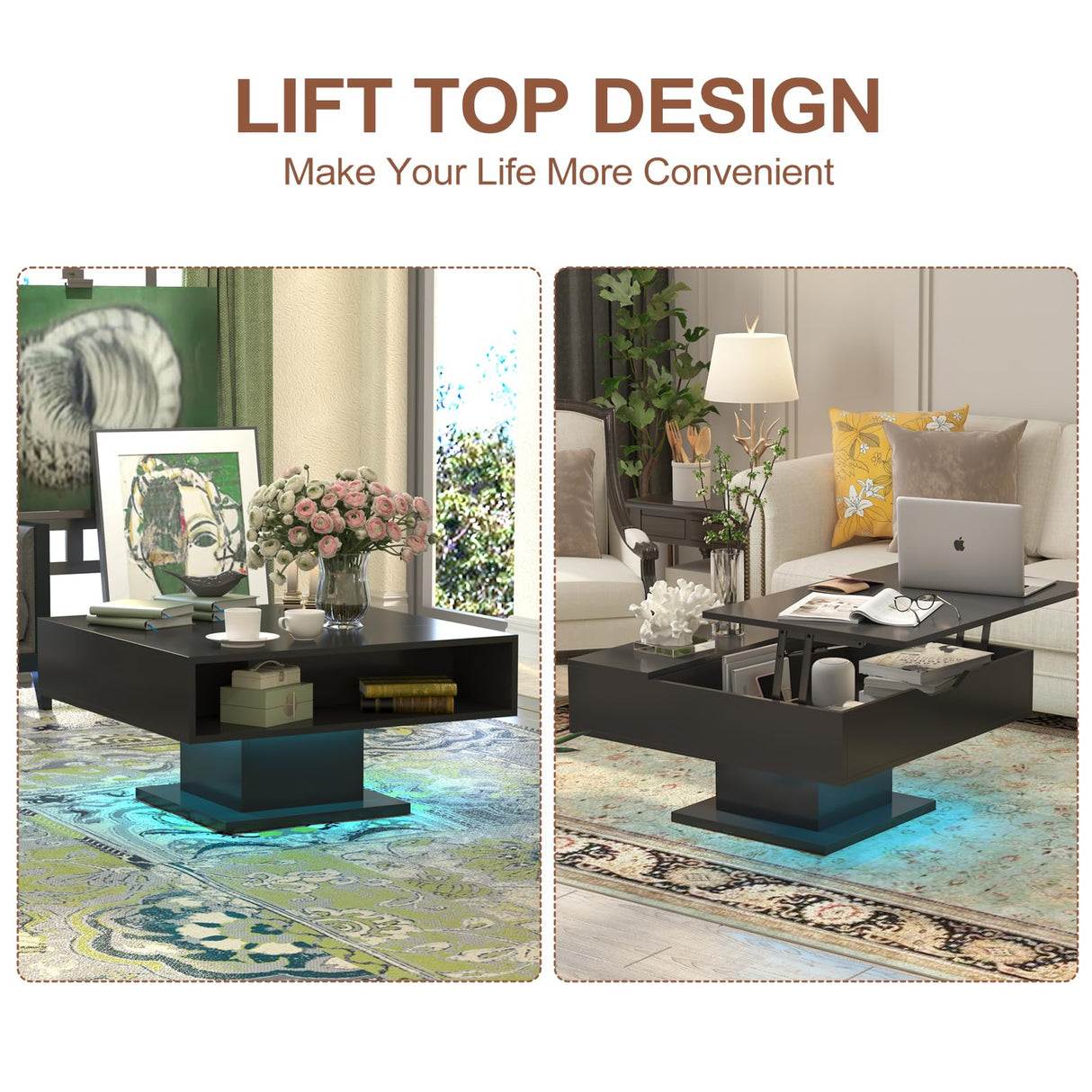 HedoAjim 30.7" Lift Top Coffee Table with Storage, Square Black Coffee Table for Living Room, Led Coffee Table with Large Hidden Storage, Wood Living Room Table Center Table for Dining Reception Room HedoAjim