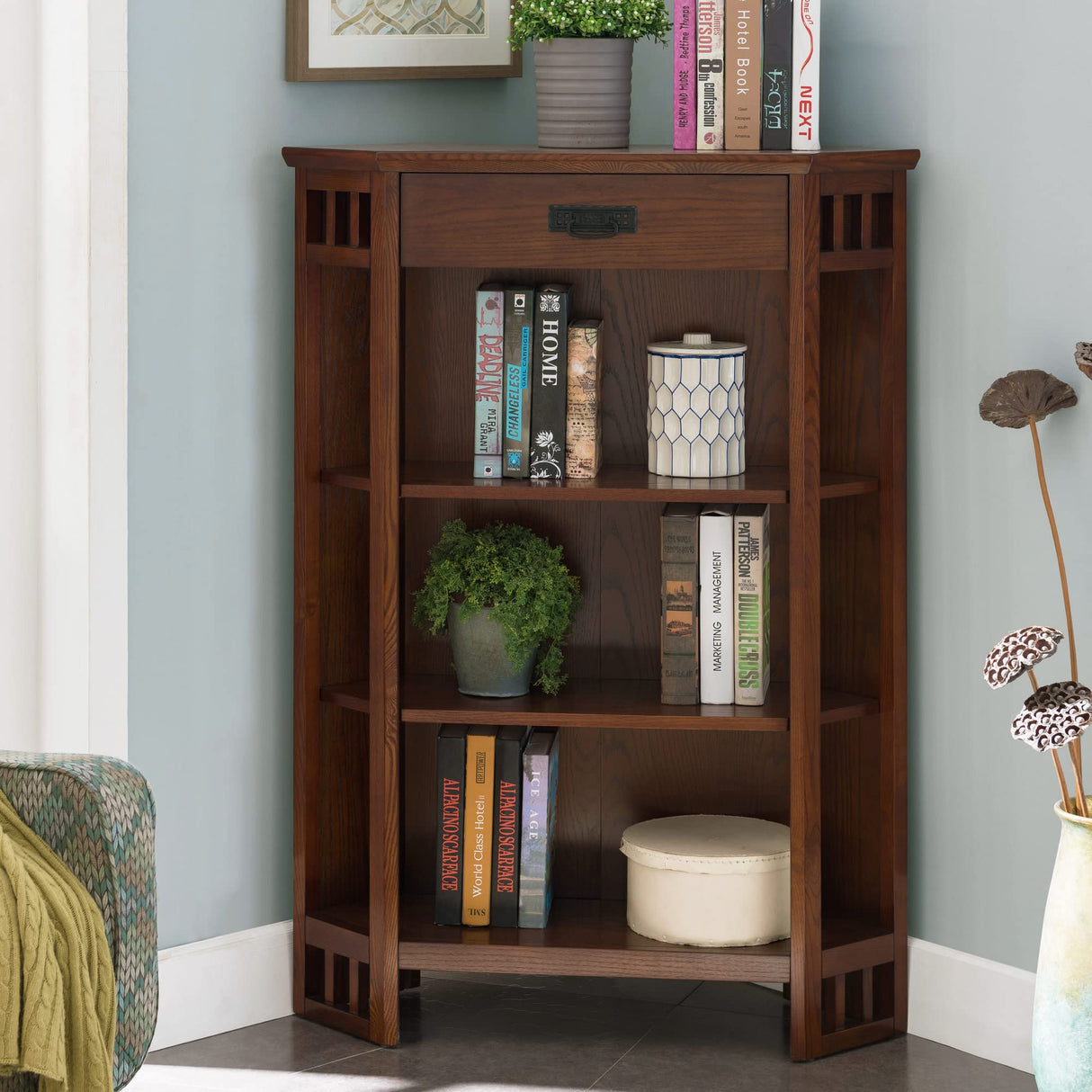 Leick Home Mantel Height Corner Bookcase with Drawer Storage, Made with Solid Wood, for Entryway, Living Rooms, Home Office, Bedroom, Mission Oak Finish, 12"D x 32"W x 50"H, Brownbronze Leick Home