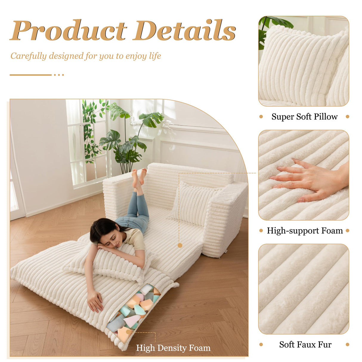 Loveseat Sleeper Sofa, Convertible Sofa Bed Couch Futon Couches for Living Room, 3-in-1 Pull Out Floor Couch with Washable Cushion and Pillows, Beige YOSHOOT