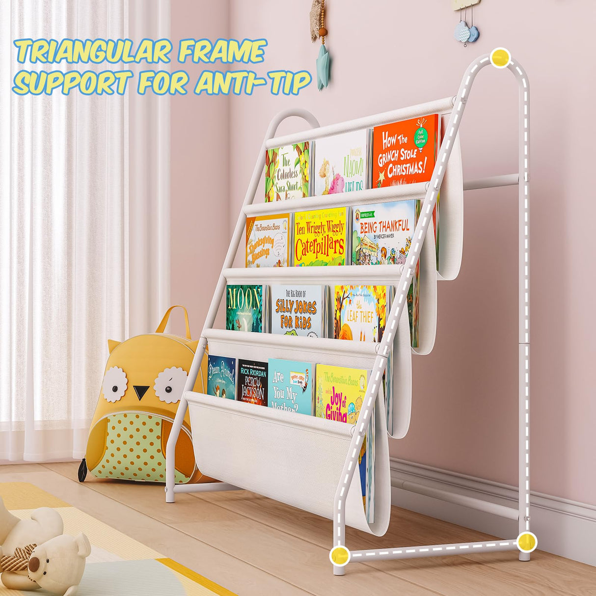 Tatub Kids Bookshelf with 4 Tier Deep Sleeves, Children Montessori Bookshelf Sling Storage Book Rock, Toddler Front Facing Display Book Shelf for Playroom Nursery Bedroom Classroom Tatub