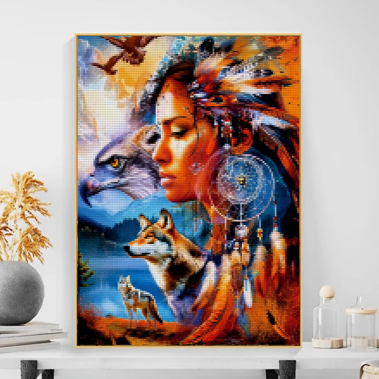 5D Diamond Art Painting American Native Indian Woman Mountain Fall Wolf Full Drill Diamond Art Painting by Number Kits for Adults Square Beads Mosaic Cross Stitch for Wall Decoration 16x20inch(3) WoodArtSupply