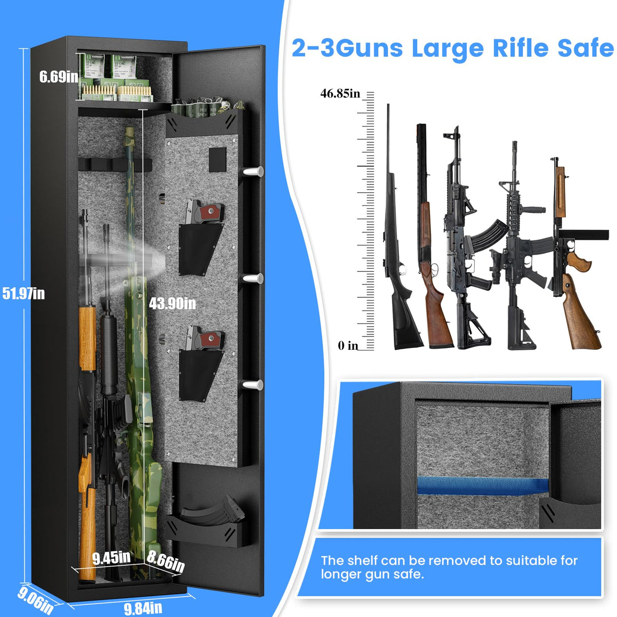Gun Safe, 2-3 Fingerprint Gun Safes for Home Rifle and Pistols, Quick Access Gun Safe for Rifles and Shotguns with Adjustable Gun Support & Removable Shelf, Long Gun Safe with Dual Alarm & Mute Mode silkight
