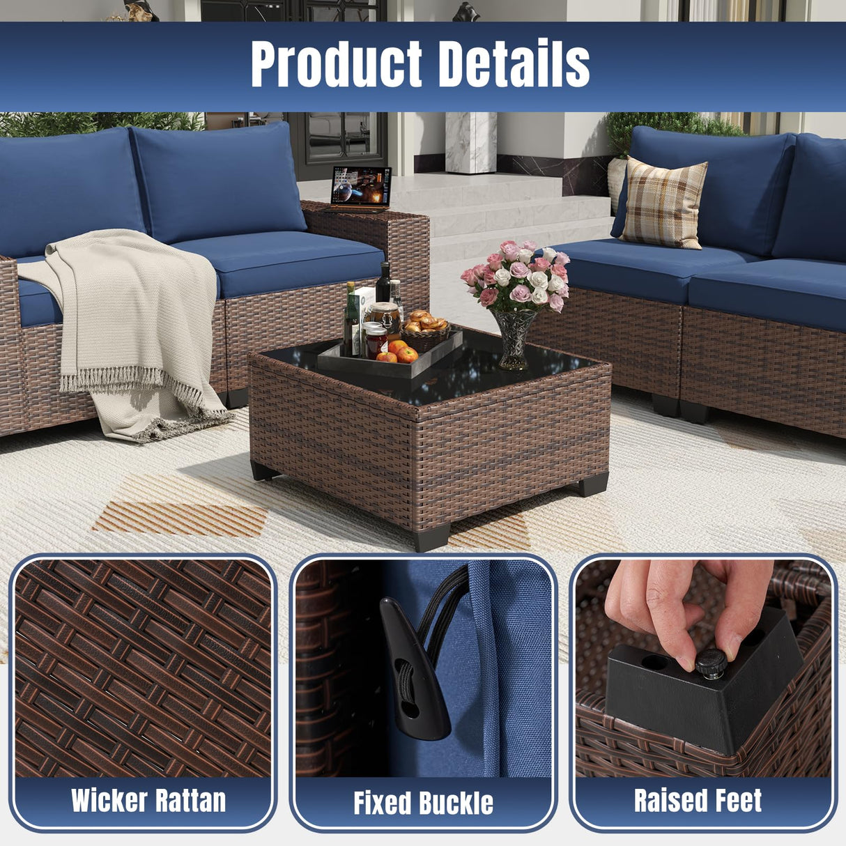 Aoxun 7 Pieces Patio Furniture Set with 44” Fire Pit Table Wicker Rattan Outdoor Sectional Conversation Set with Coffee Table and 4” Thickened Cushions, Blue(Waterproof Cover Included) Aoxun