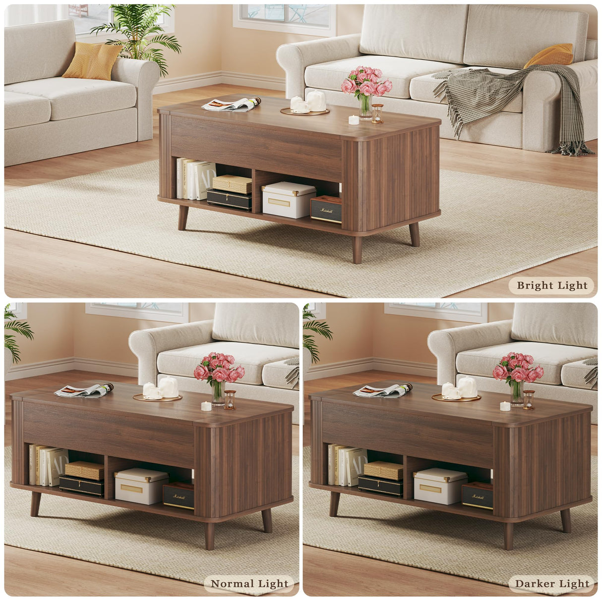 Lift Top Coffee Table with Storage, 41" Mid Century Modern Coffee Table with Fluted & Curved Profile Design, Hidden Storage Compartment, Lower Shelf Center Table for Living Room Office, Walnut HUAHUU