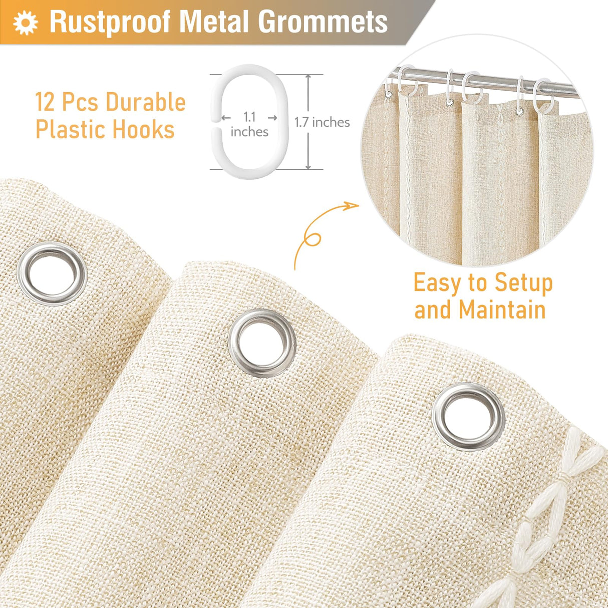 BTTN Boho Farmhouse Shower Curtain, Linen Rustic Weighted Striped Cloth Shower Curtain Set with Tassel, Water Repellent, Bohemian Vintage Country Fabric Shower Curtain for Bathroom, Cream/Beige, 72x72 BTTN