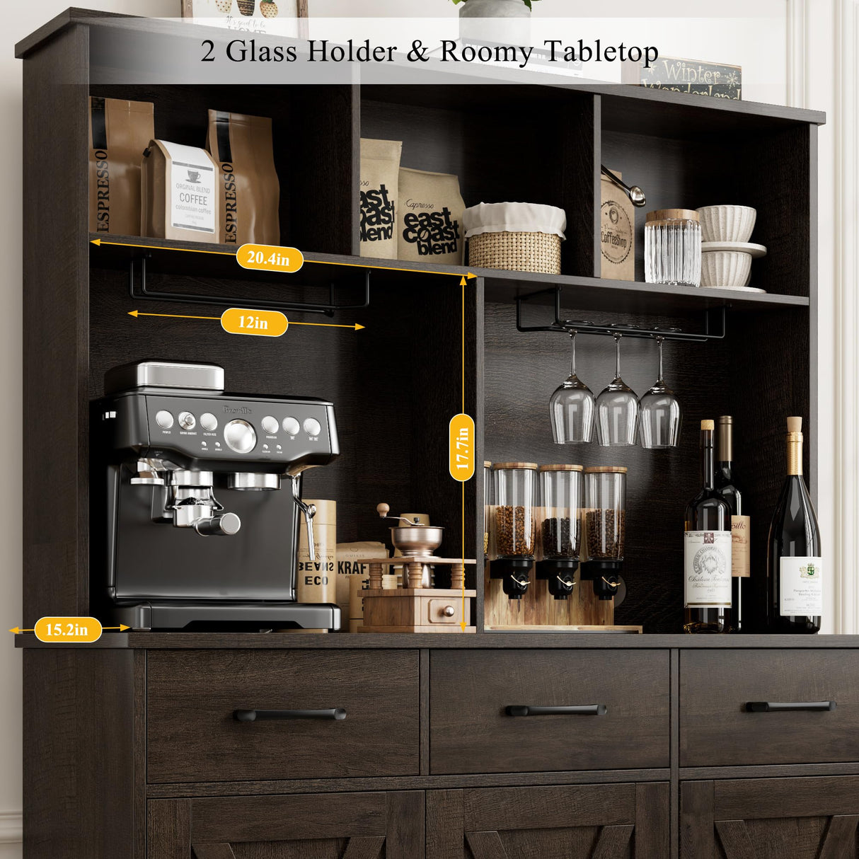 HOSTACK Buffet Cabinet with Hutch, Modern Farmhouse Kitchen Buffet Sideboard Storage Cabinet with 3 Drawers, Barn Door Coffee Bar Station, Liquor Cabinet for Dining Room, Living Room, Dark Brown HOSTACK