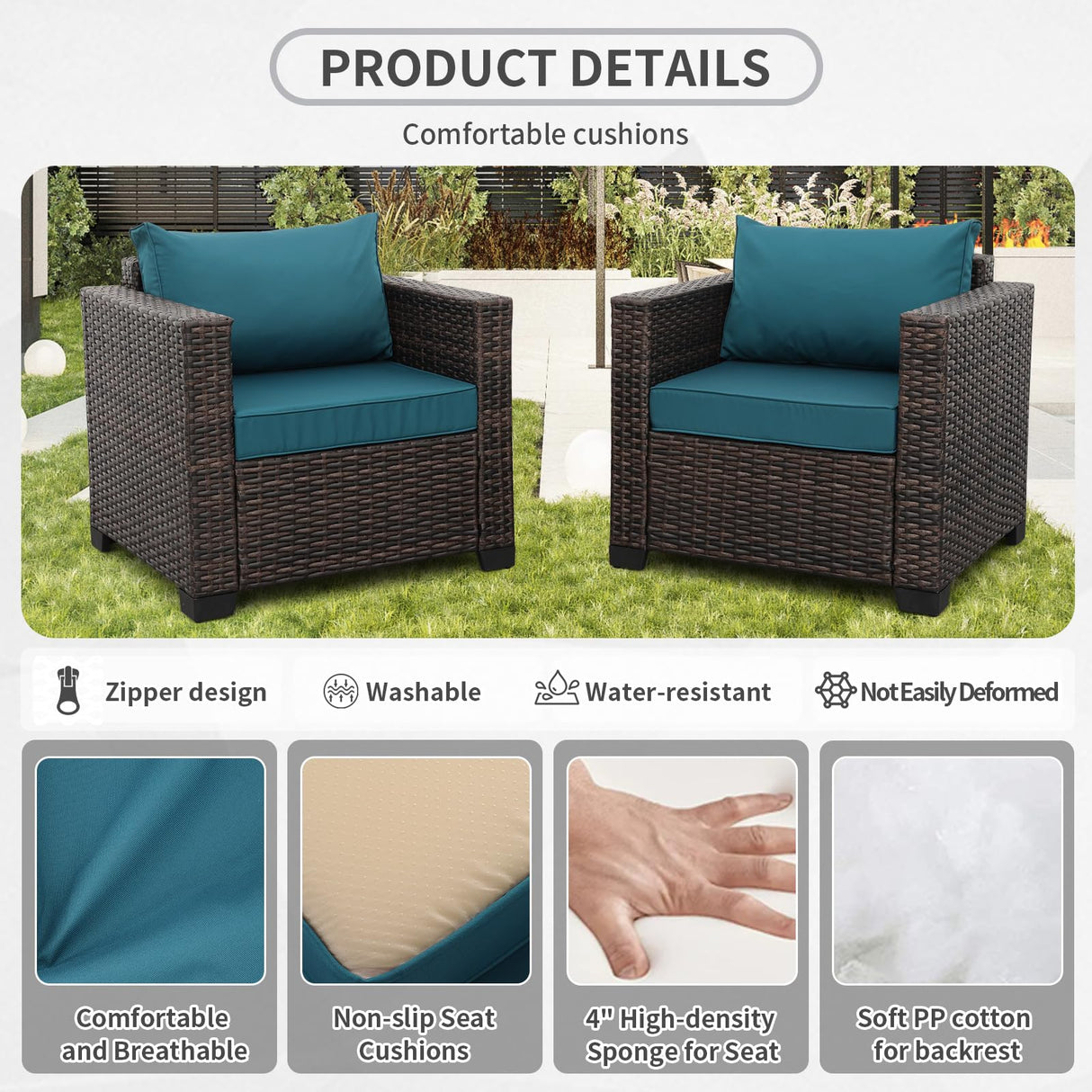 Valita 6 PCS Patio Furniture Set Outdoor Sectional Wicker Conversation Couch Brown Rattan Sofa Chairs with Ottoman 50,000BTU Adjustable Fire Pit Table and Peacock Blue Anti-Slip Cushions Valita