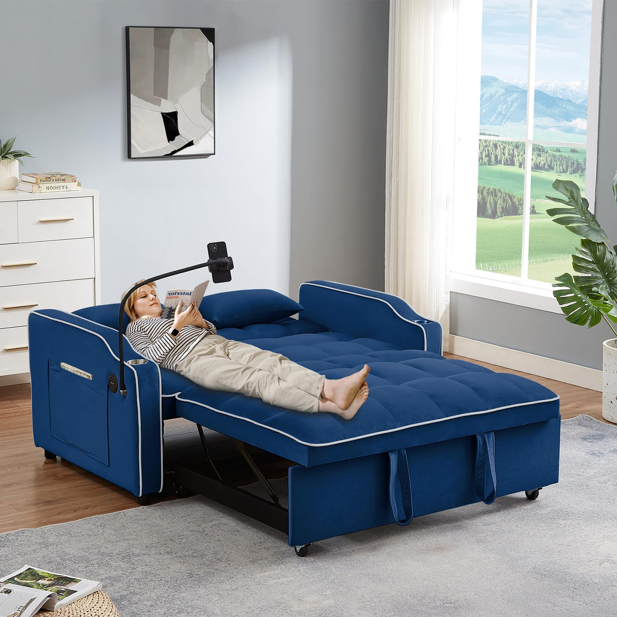 Sleeper Sofa Couch Bed with USB & Type C Port, Modern 3-in-1 Convertible Velvet Pull Out Loveseat Futon Sofa w/Phone Holder/Cup Holder for Living Room Apartment, Adjustable Backrest, Blue Antetek