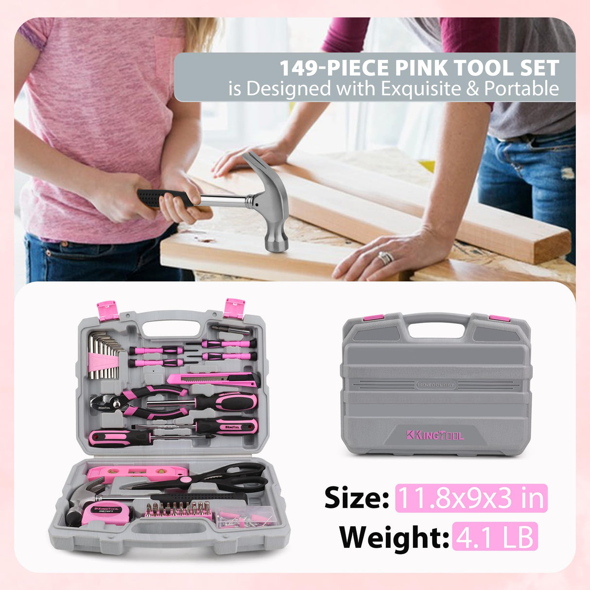 KingTool 149-Piece Pink Tool Kit - Basic Home Repair Tool Set, Small Tool Kit with Plastic Toolbox, Perfect for Women, Office & College Repairs KingTool
