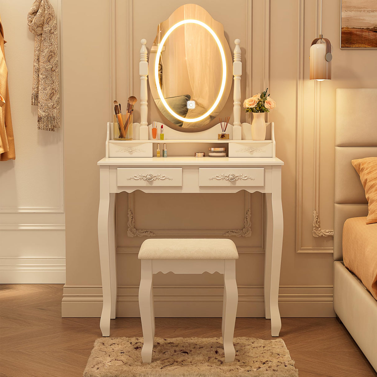 Vanity Desk with Mirror and Lights, Modern Vanity Makeup Table and Cushioned Stool Set with 4 Drawers, 3 Color Lighting Modes with Adjustable Brightness, Dressing Table Set for Bedroom (White) Alohappy