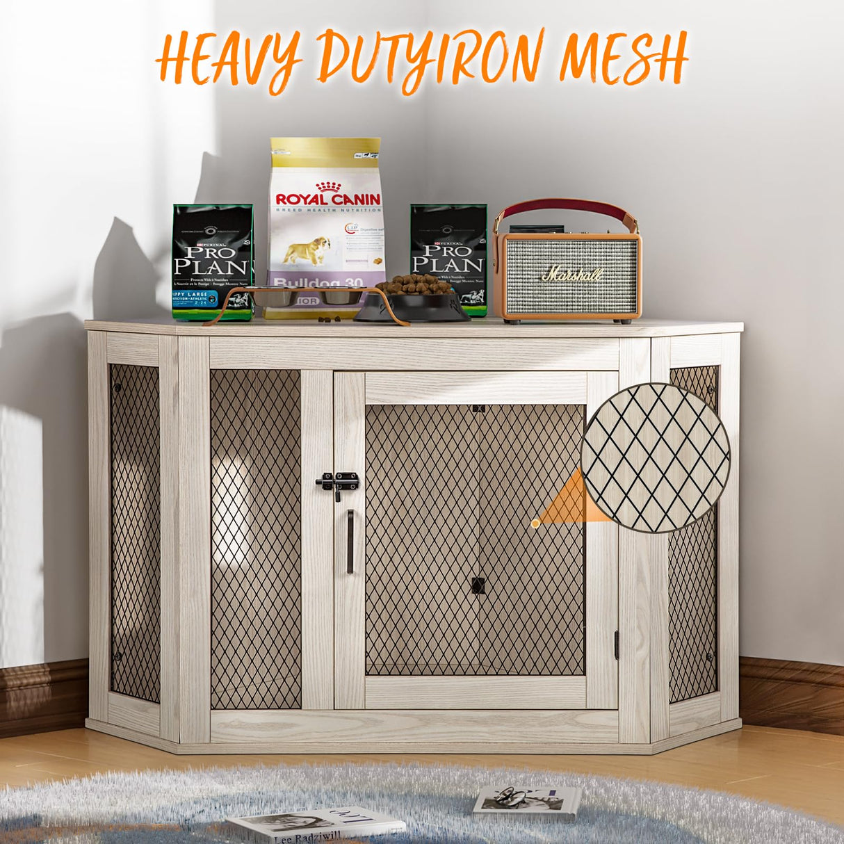 PUKAMI Corner Dog Crate Furniture,44/52inch Wooden Dog Kennel Furniture with Mesh,Decorative Wood Dog House for Indoor use,Dog Crate for Small/Medium/Large Dog,Perfect for Limited Room PUKAMI