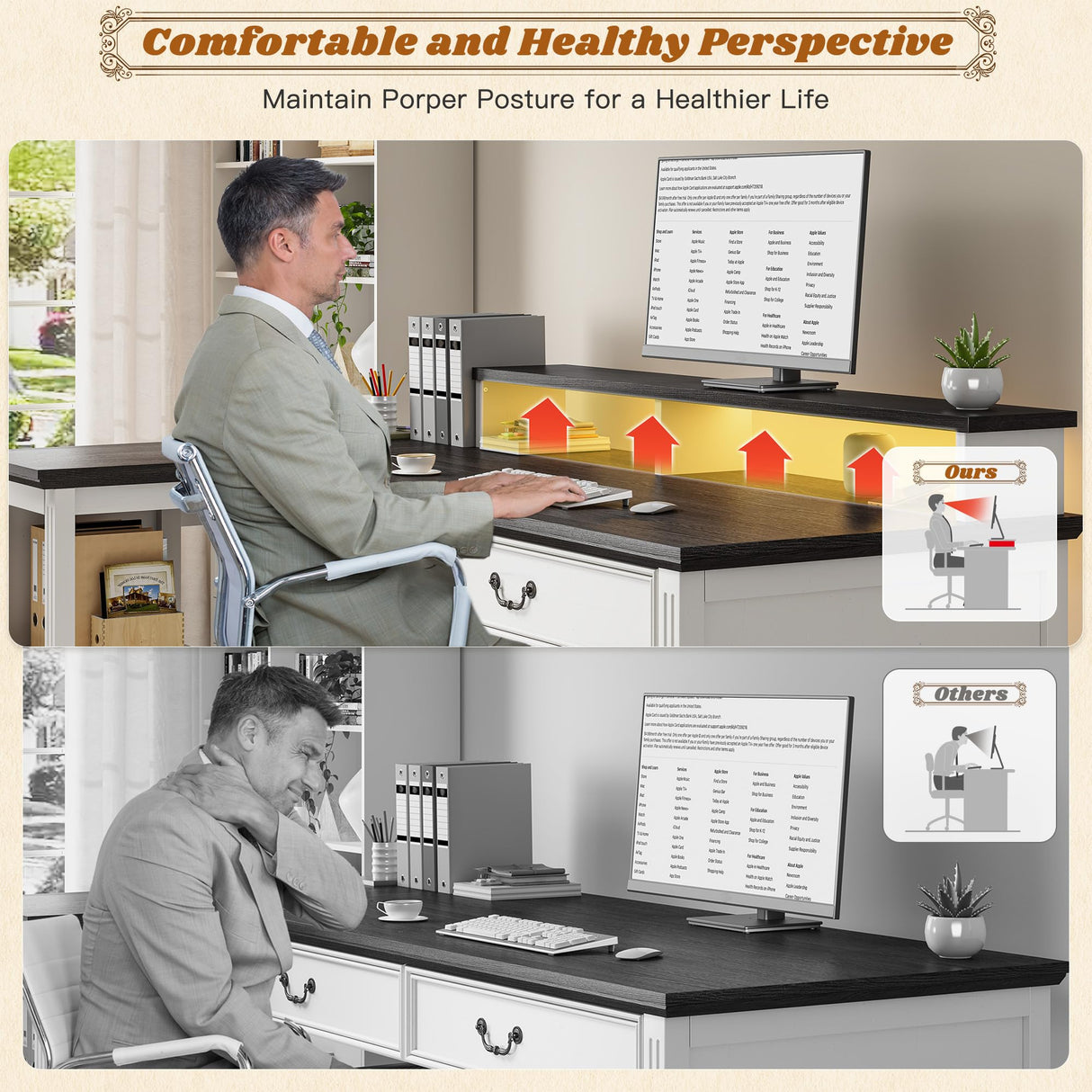 EnHomee 55" Computer Desk, L Shaped Desk with Drawers, Office Desk with Long Monitor Stand, Farmhouse Desk with Power Outlets & LED Lights, Home Office Desks for Bedroom with Storage Shelves EnHomee