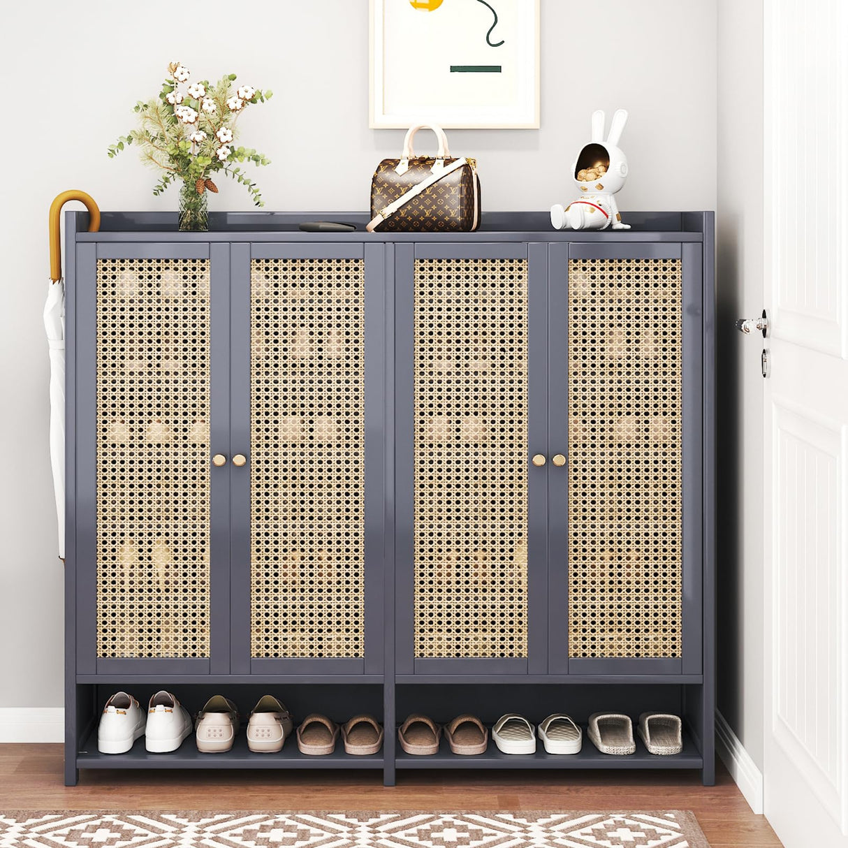 sasygfi Bamboo Shoe Storage Cabinet with Doors, 8 Tier Freestanding Shoes Heels Sneakers Shoe Rack Shelf for 36-40 Pairs, Entryway Shoe Cabinet with Drawers for Hallway Living Room (Grey, 8th floor) sasygfi