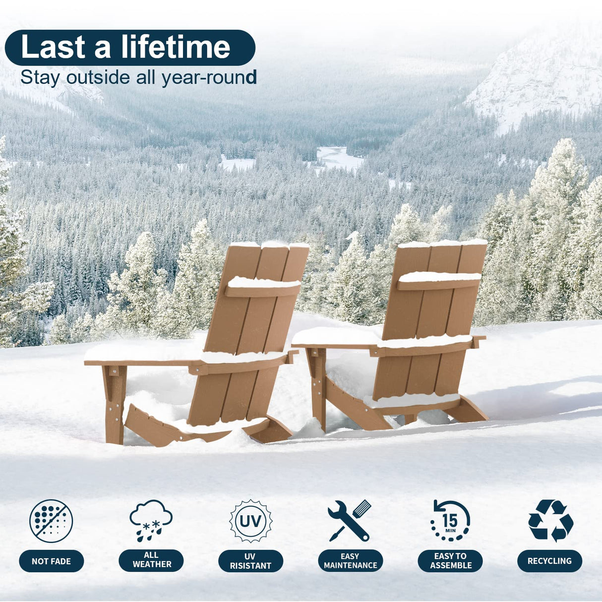 MXIMU Modern Adirondack Chair Weather Resistant with Cup Holder Oversized Fire Pit Chairs Adorondic Plastic Outdoor Chairs for Firepit Area Seating (Teak) MXIMU
