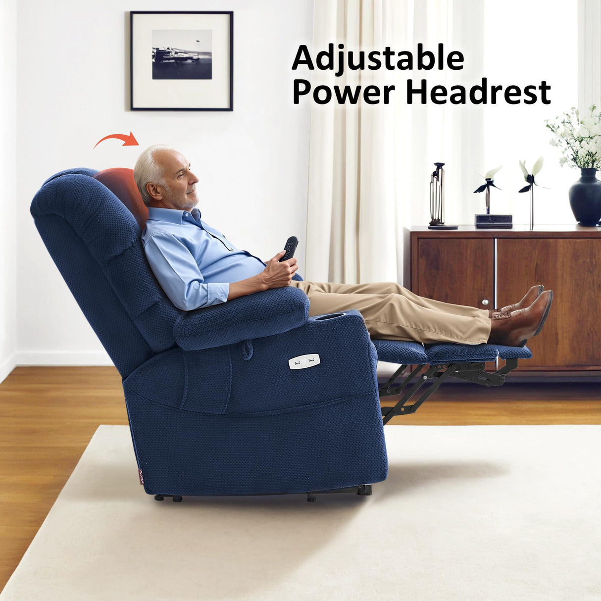 MCombo Large Triple Motor Power Lift Recliner Chair with Massage and Dual Heating, Adjustable Headrest for Tall Elderly People, Fabric 7634 (Navy Blue, Large) MCombo