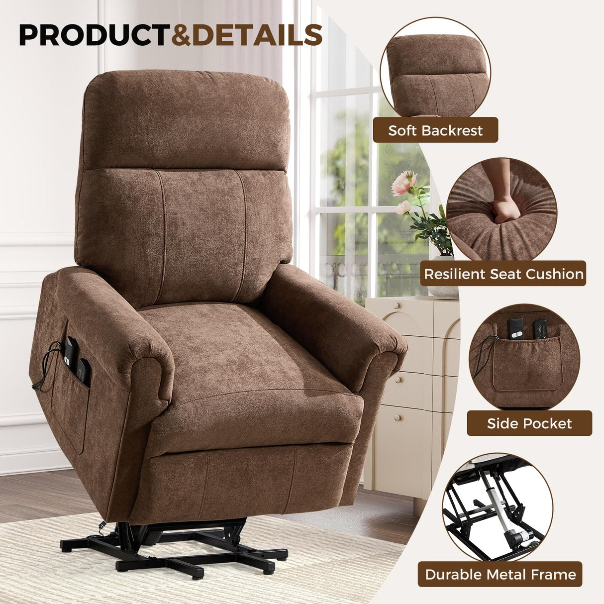 HAOMARKETS Power Lift Recliner Chair with Massage and Heat for Elderly, Electric Recliners with Remote Control,Soft Fabric Upholstered Reclining SingeSofa with Side Pocket for Living Room, Brown HAOMARKETS