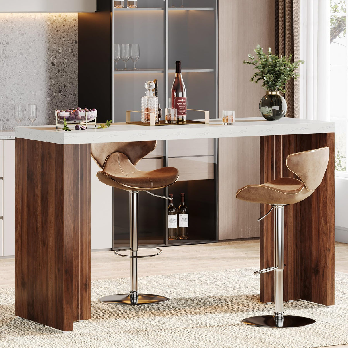 Tribesigns Home Bar Unit, 55.12-Inch Bar Table with a Faux Marble Finished Tabletop, Modern Freestanding Mini Bar for Home Kitchen, Living Room, Balcony, Basement, Walnut & White Tribesigns